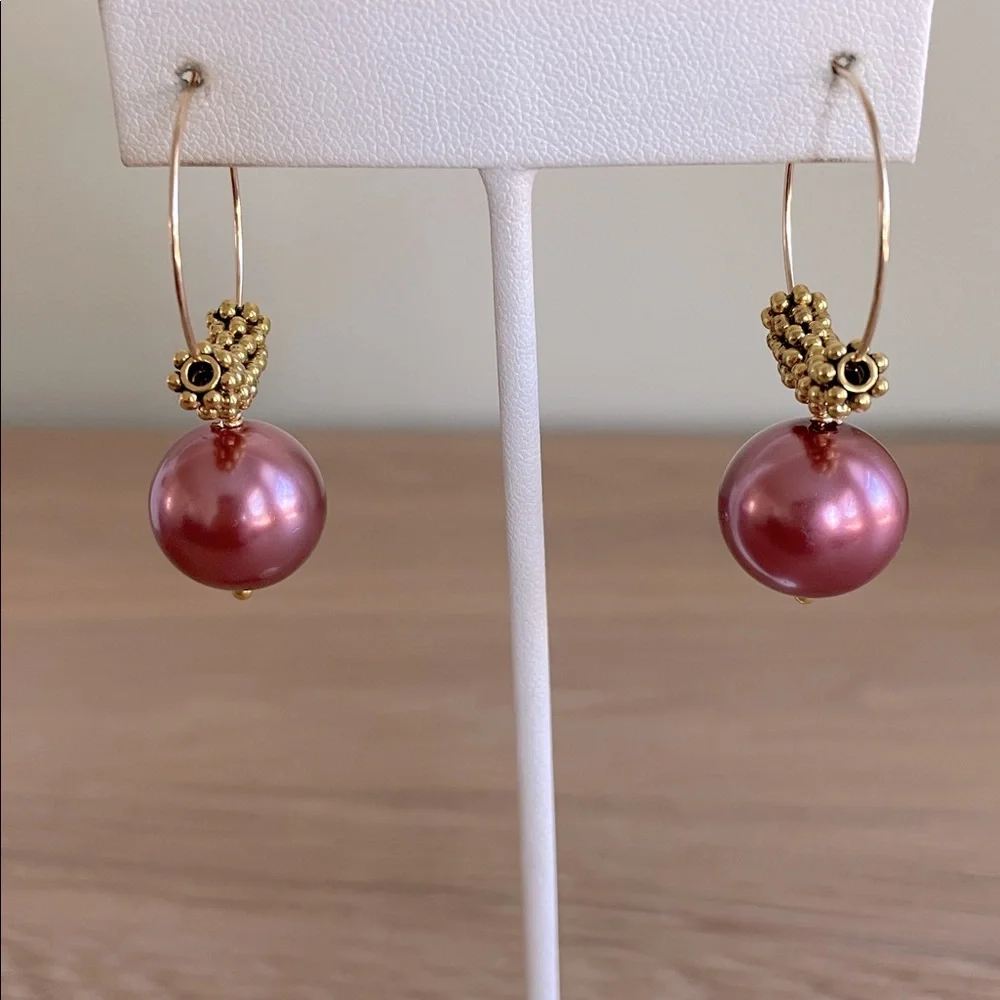 HAND CRAFTED HOOP EARRINGS Mauve Faux Pearls Gold Plated Daisy Rondelles